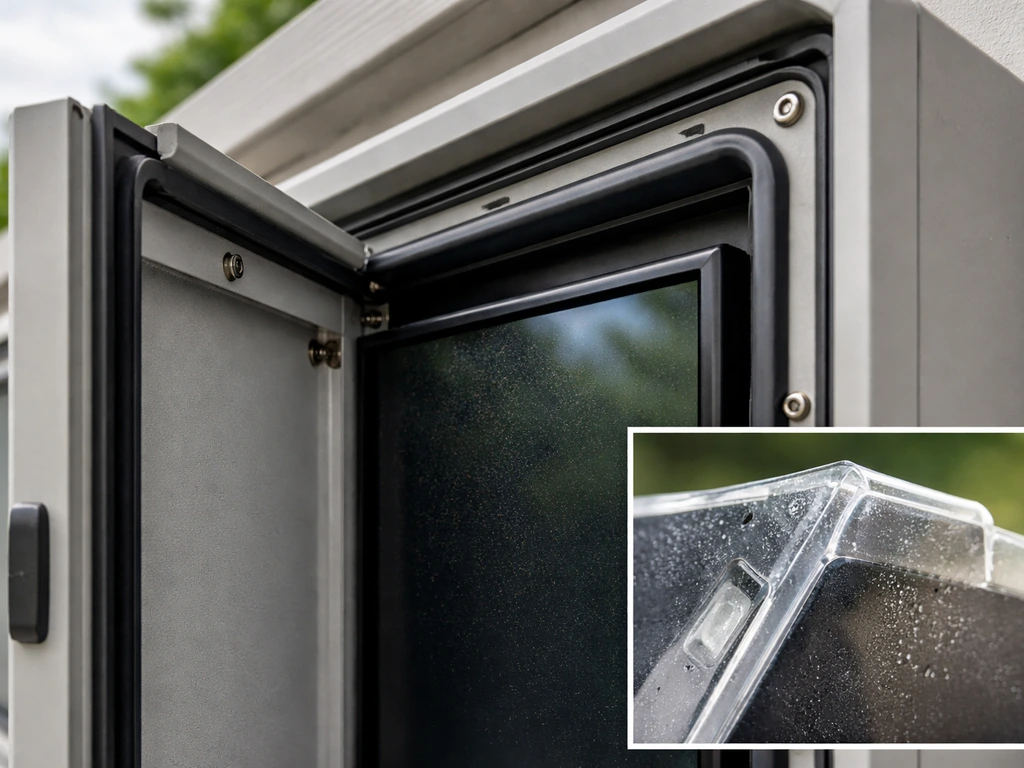 Outdoor TV weatherproof enclosure with visible rubber gasket sealing details, dust-protection inset concept