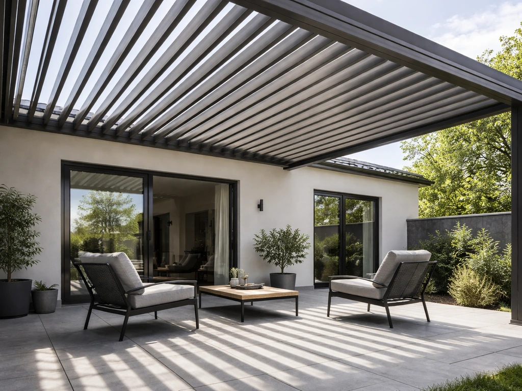 Louvered pergola canopy overhead shading a patio, showing adjustable angle control in daylight.