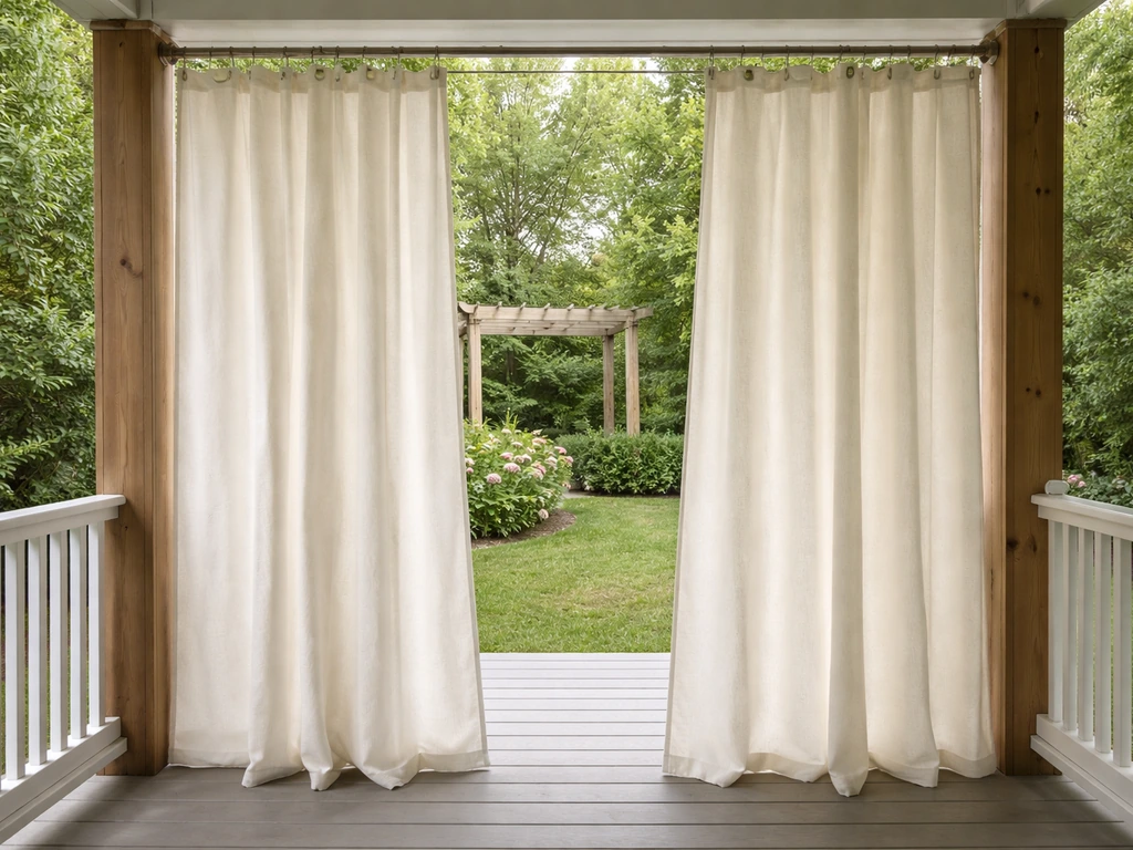 Outdoor porch with light curtains tensioned between posts for privacy and wind buffering