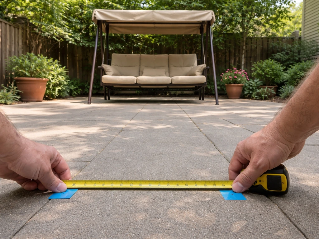 Hands use a tape measure on a patio floor to check clearance around an outdoor swing setup.