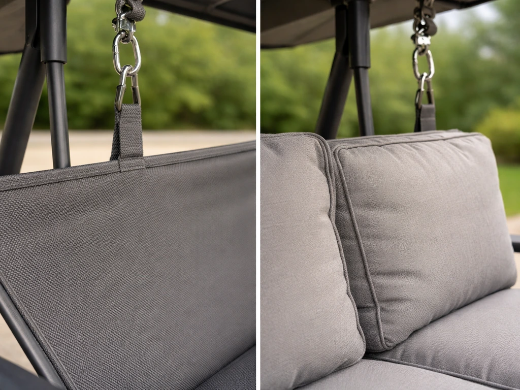 Close-up of sling vs cushion swing seat textures with suspension links above.