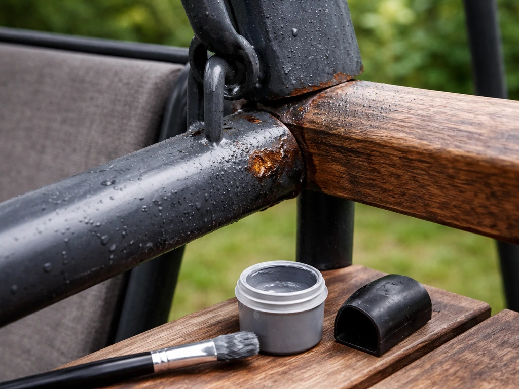Outdoor swing with weathered metal joints, chipped coating, and a protective touch-up cover applied nearby.