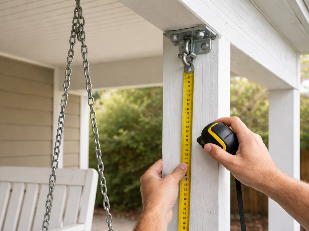 Close-up of hands measuring porch swing seat height next to sturdy ceiling mounting hardware.