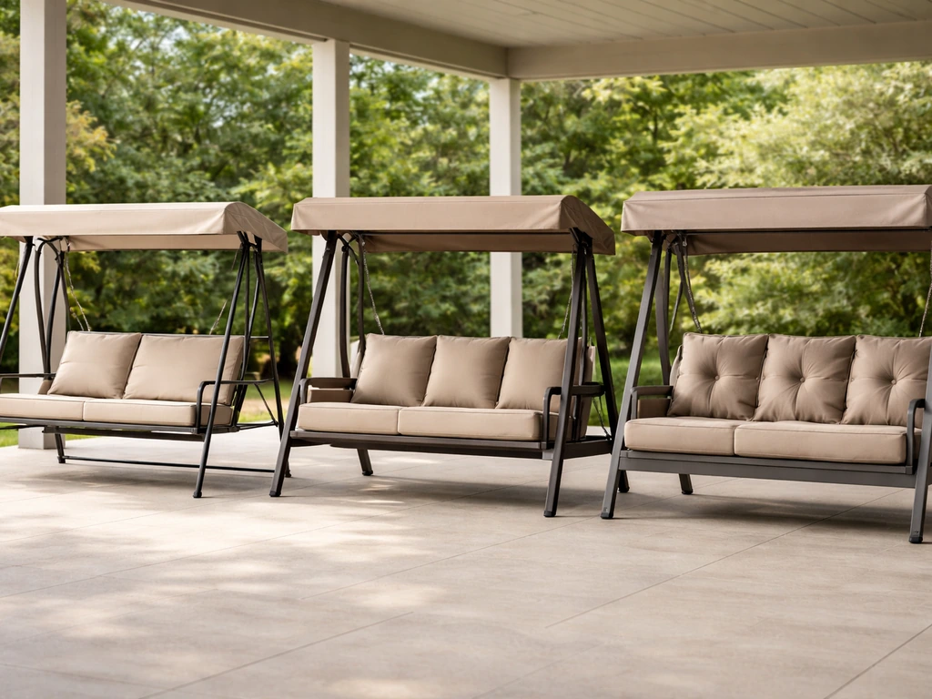 Outdoor patio swing lineup showing budget and premium differences in frames and cushions, no text