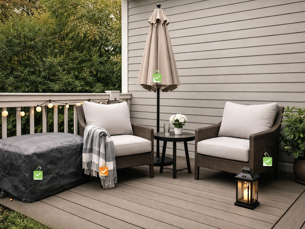 Minimal outdoor patio scene with seating, shade, lighting, and weather covers arranged like a checklist.