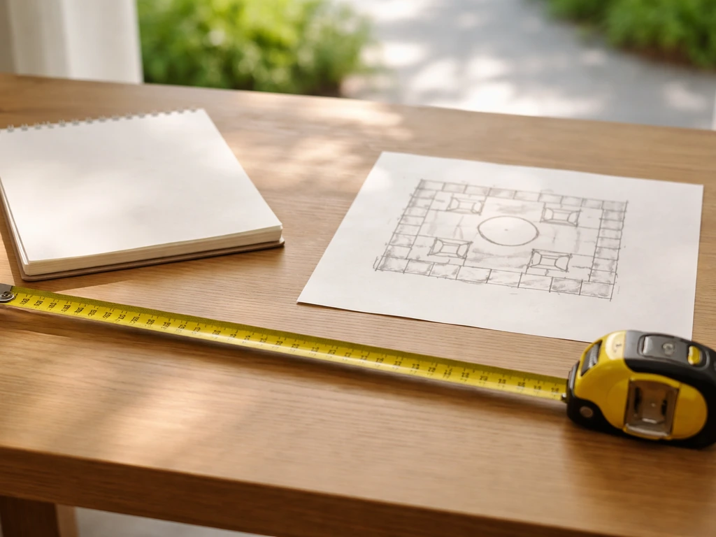 Minimal desk scene with a tape measure, blank notepad, and simple patio layout sketch.