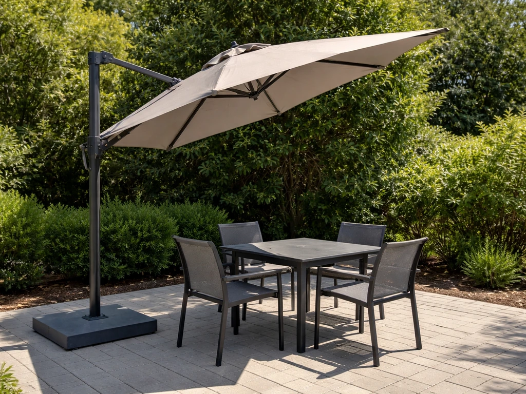 An open patio umbrella shades a small table, showing adjustable tilt and height in bright sunlight.
