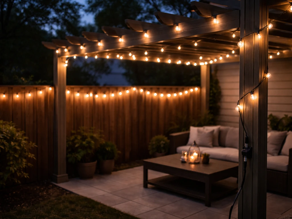 Outdoor string lights along a pergola at night with a safely placed outdoor power connection