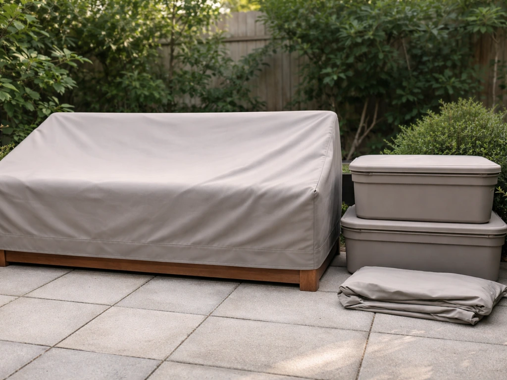 Outdoor patio cushions under a fitted cover with neatly stored bins and folded cover nearby.