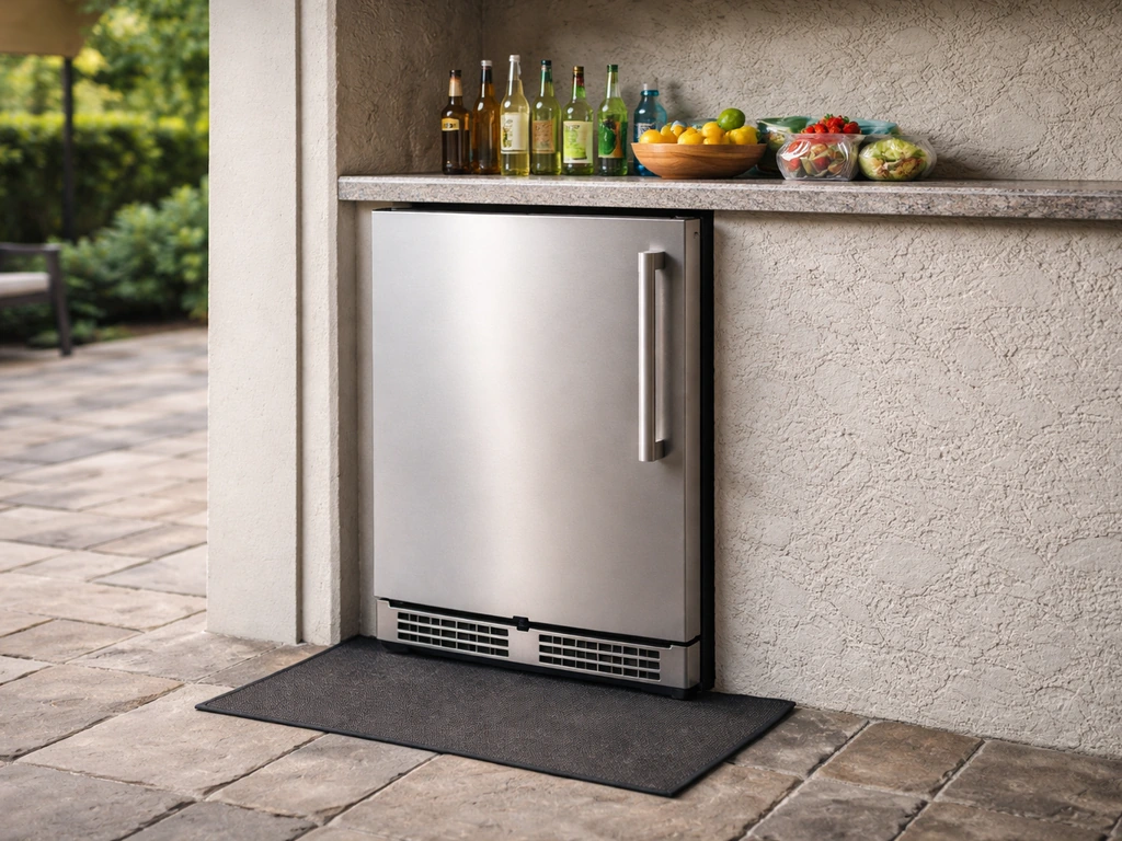 Outdoor under-overhang patio refrigerator with drinks and groceries on a covered patio