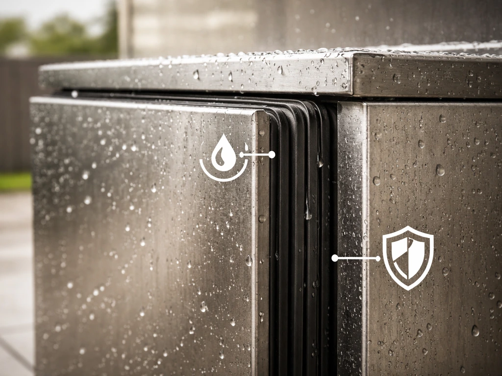 Close-up of an outdoor patio refrigerator door seals with water droplets, emphasizing weatherproofing features.