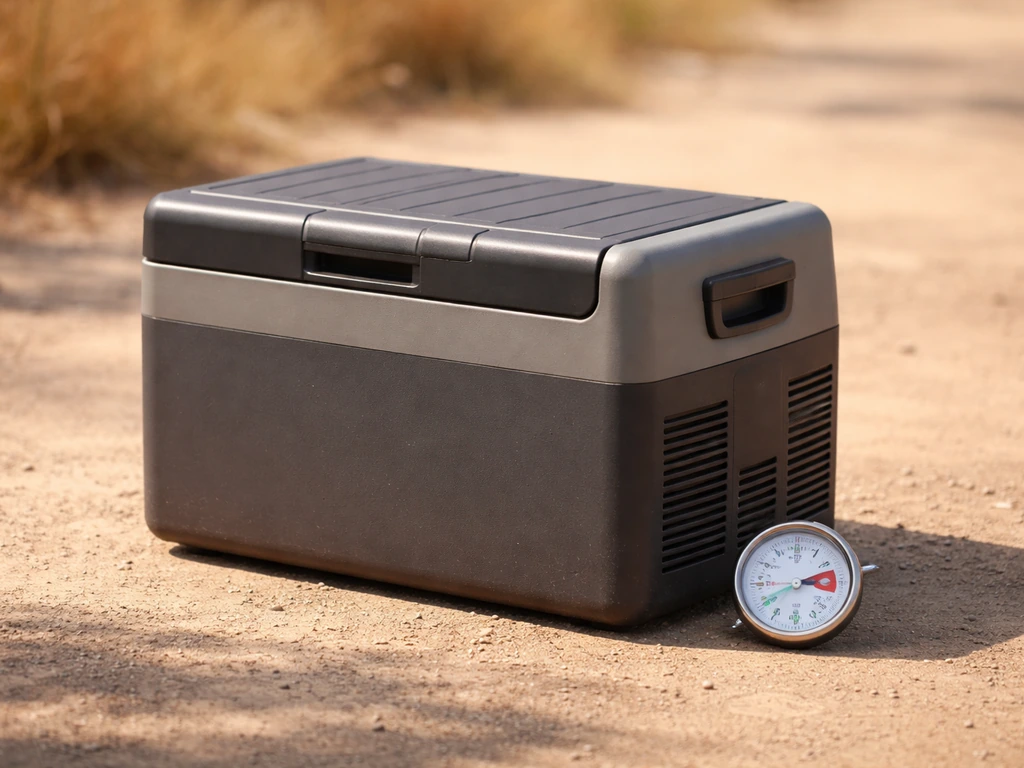 Sunlit portable compressor fridge outdoors with a small thermometer-style gauge nearby.