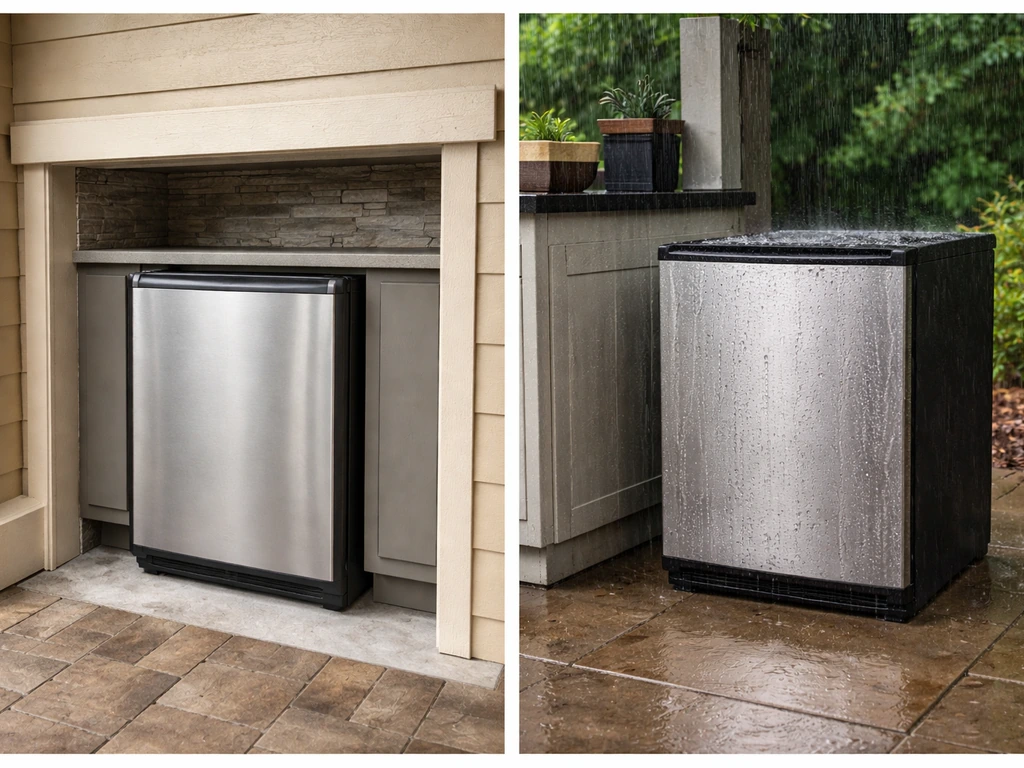Patio outdoor refrigerator in a covered, splash-protected corner versus an exposed spot shown by placement.