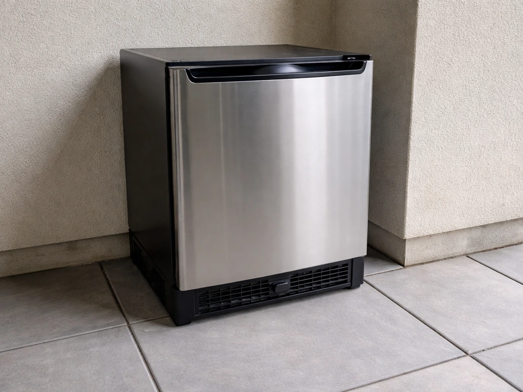 Patio compressor fridge with side and top clearance space and rear ventilation unobstructed