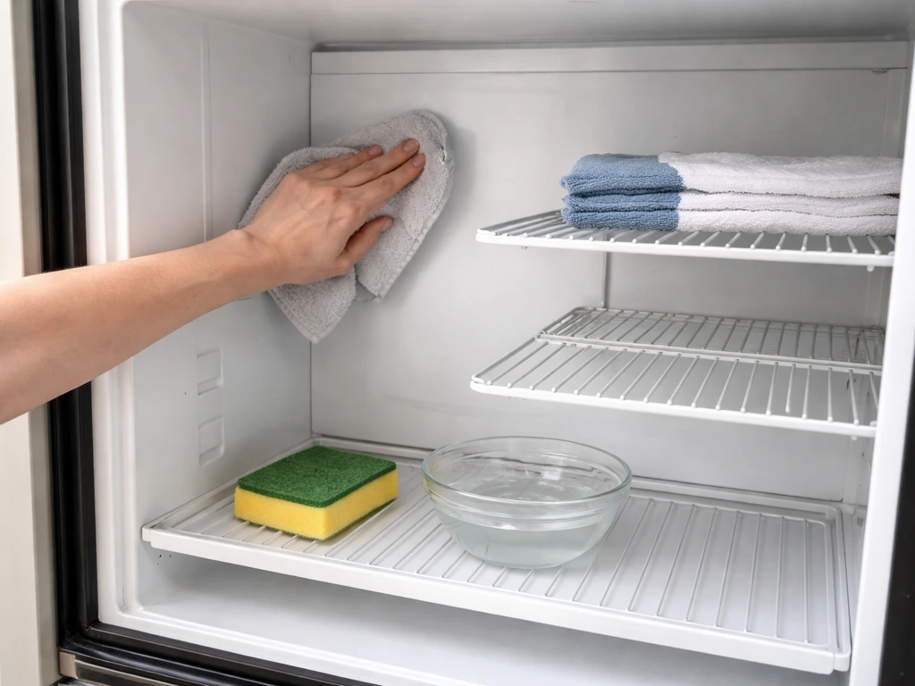 Person wiping an outdoor fridge interior with a cloth; mild soap-and-water cleaning tools nearby.
