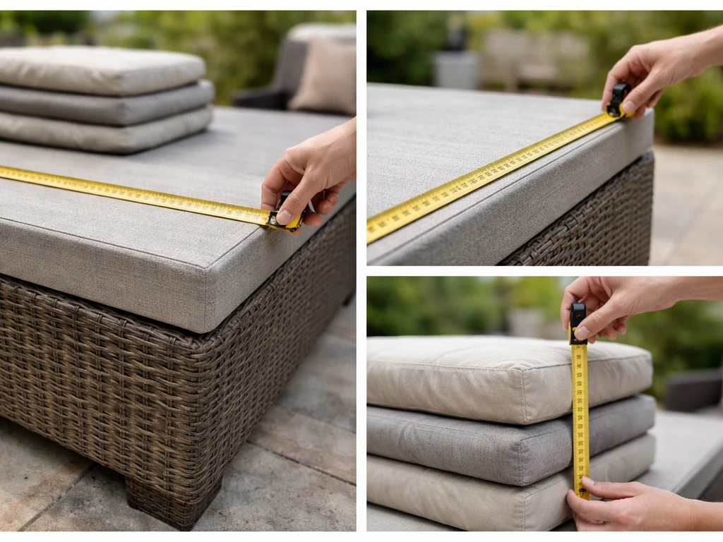 Close-up of measuring patio furniture cover fit using a tape measure across a patio table and cushions.