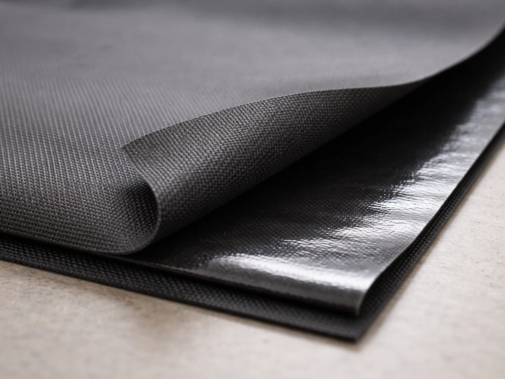 Macro close-up of coated polyester fabric layers, showing woven texture and glossy waterproof coating.