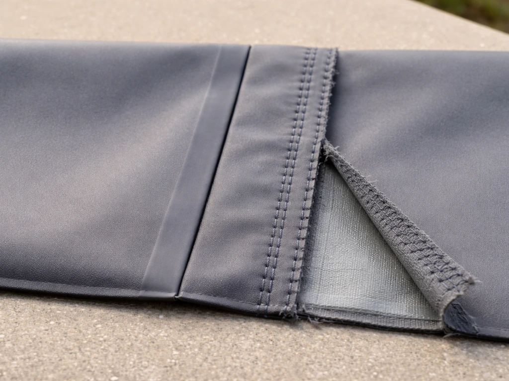 Close-up of a waterproof fabric seam showing heat-welded smooth edge and a double-stitched taped interior detail.