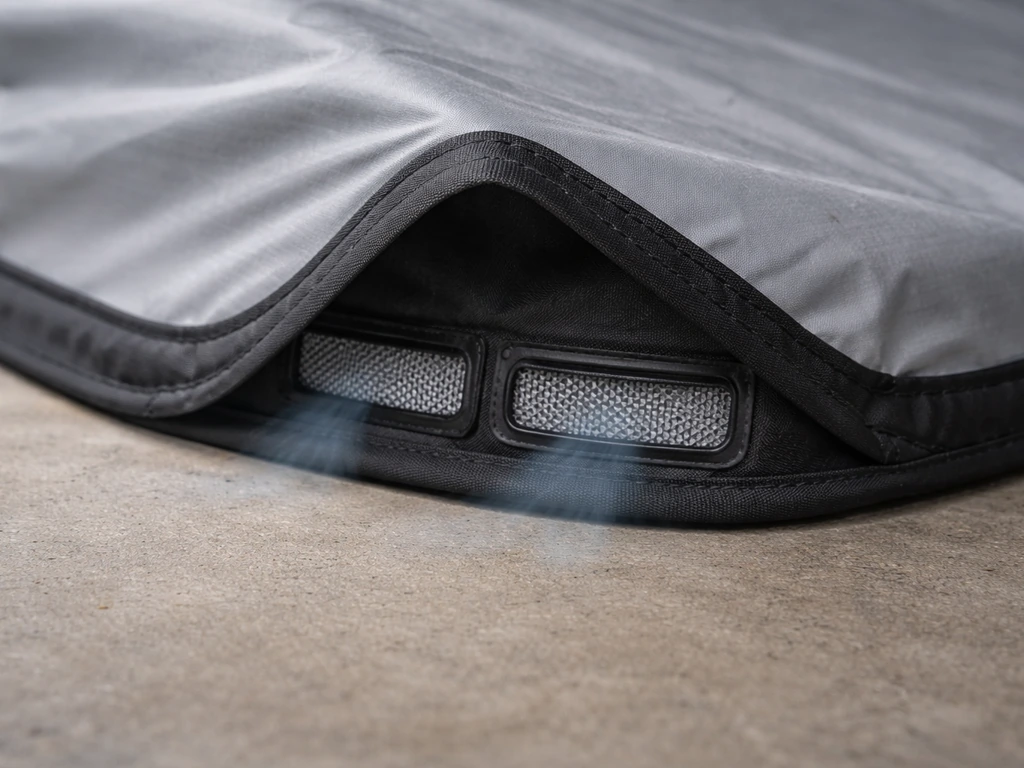 Underside of a closed waterproof cover showing two small mesh-backed ventilation openings