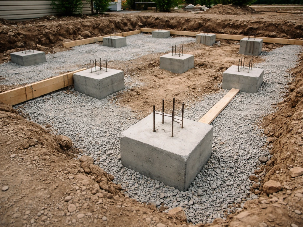 Concrete footings and pier bases with rebar and simple formwork on a quiet residential jobsite.