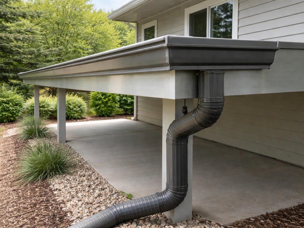 Aluminum patio cover with gutters and a routed downspout carrying water away from a house