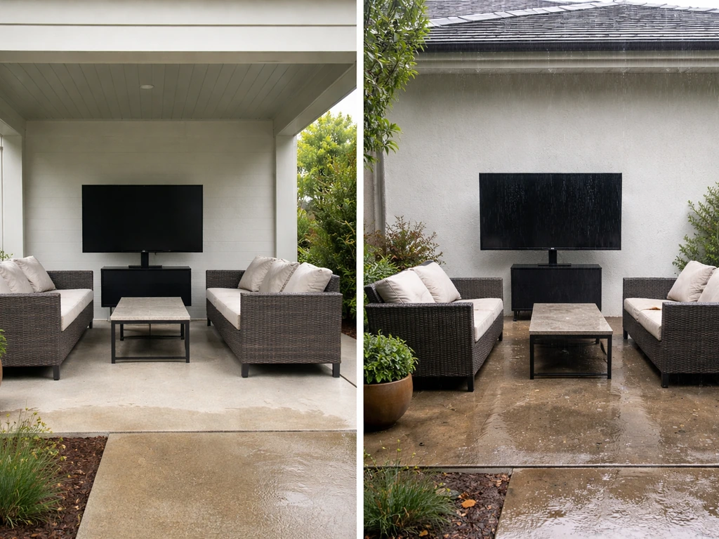Split view of a covered patio (dry) vs uncovered patio (rain-damp) with generic outdoor TVs.