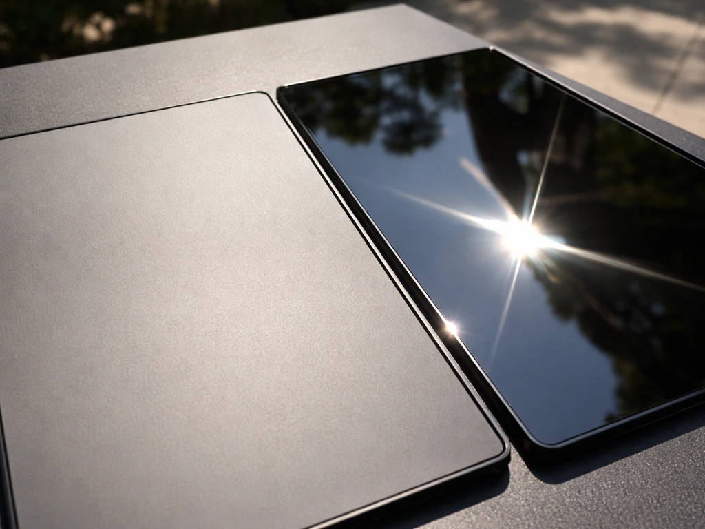 Close-up of matte and glossy screen surfaces in strong sunlight showing different glare levels.