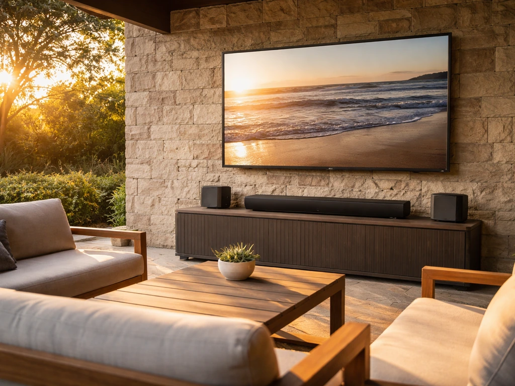 Outdoor patio with a TV and separate weather-rated soundbar/speakers aimed toward seating, light from one side.