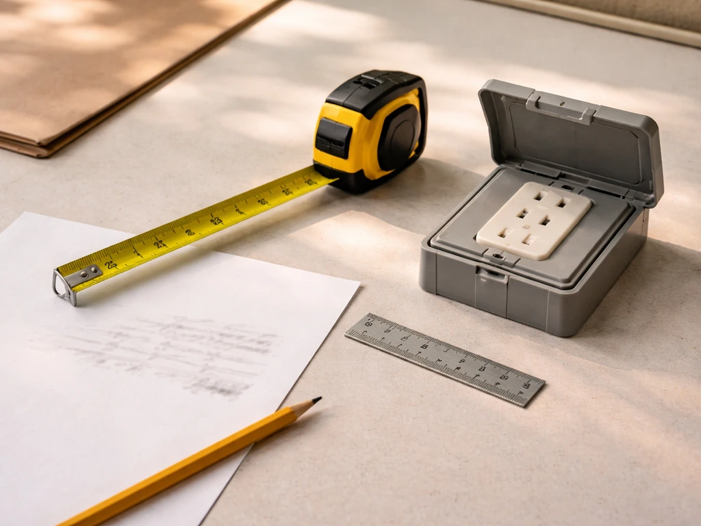 Minimal patio planning scene: measuring tape, distance ruler, and a GFCI-style outdoor outlet component on a work surfac