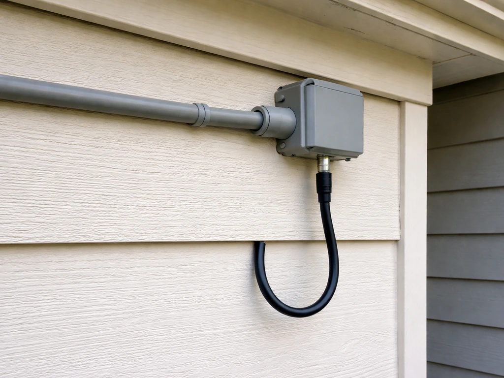 Outdoor TV cable installation showing weatherproof conduit and a drip loop near the connection point.