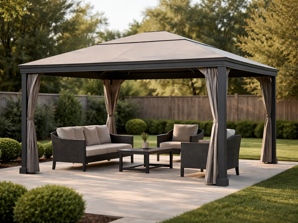 Weather-ready patio gazebo in a tidy backyard with outdoor seating, showing sturdy fabric and posts
