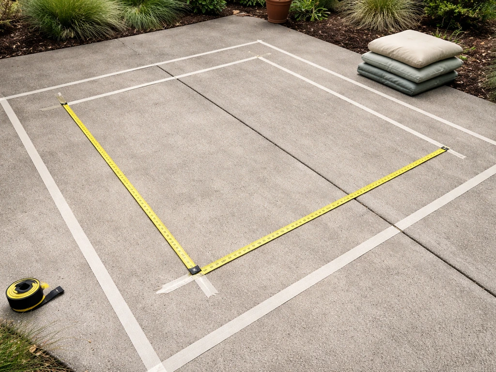 Overhead backyard patio with clear tape layout and tape measures showing gazebo footprint and clearance space.