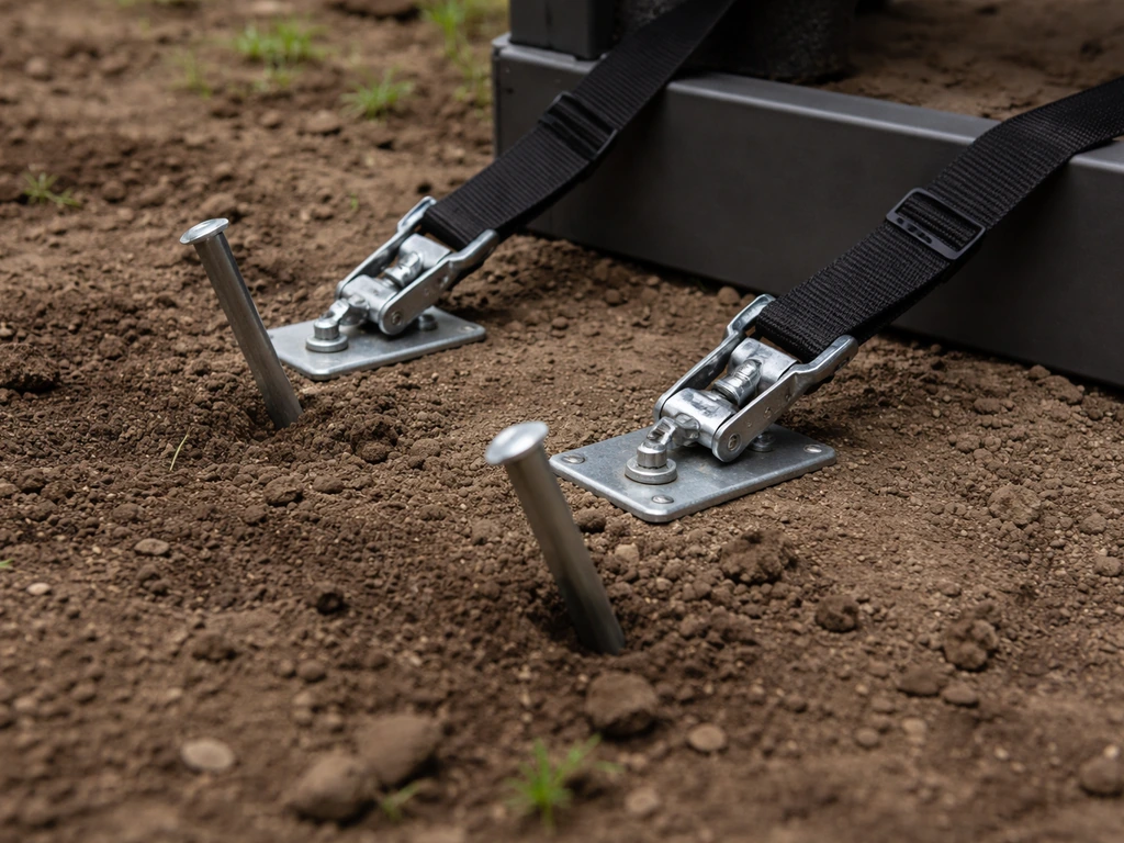 Closeup of ground stakes and straps securing a gazebo base in soil for wind safety.