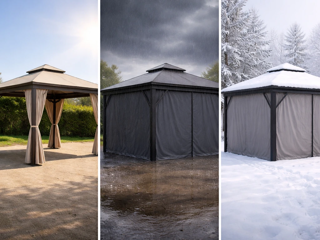 Three-panel photo of a 10x10 gazebo with different roof and side setups for sun, rain, and snow.
