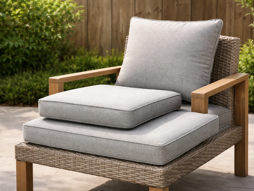 Outdoor patio chair with multiple weatherproof cushions showing different thicknesses and fitted covers.