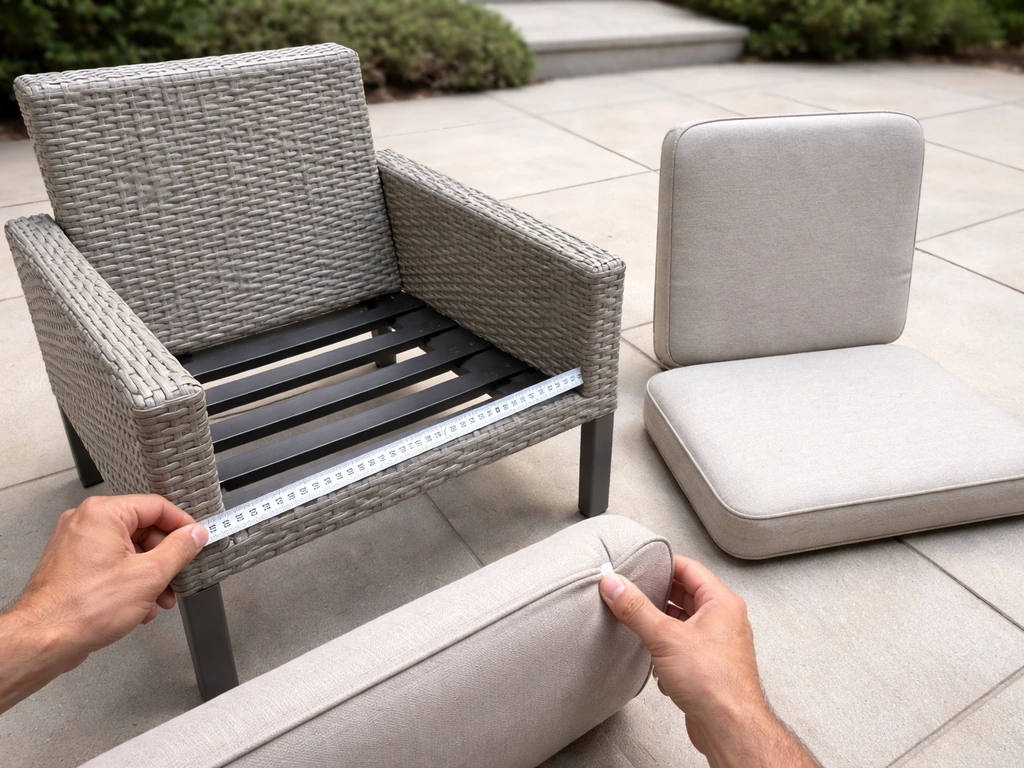 Hands measuring patio chair cushion width and depth with a tape measure, showing seat and back pad shapes