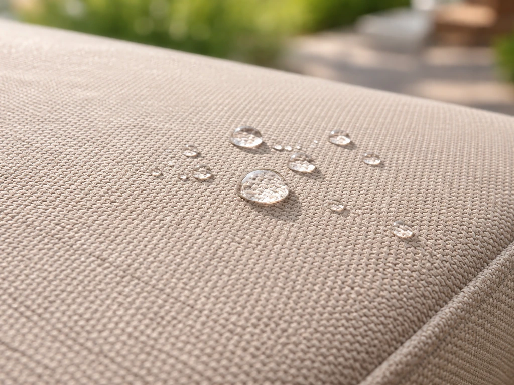 Close-up of tight outdoor fabric with water beading and rolling off in daylight.