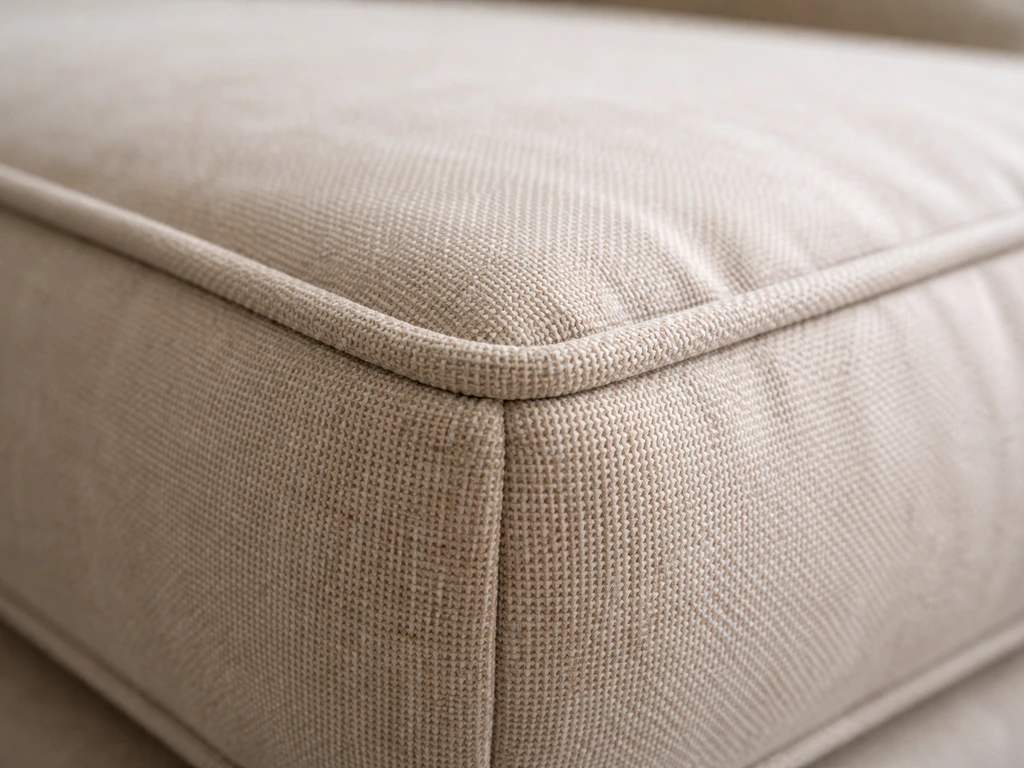 Close-up of a cushion edge welt cord seam with raised piping and detailed upholstery stitching.