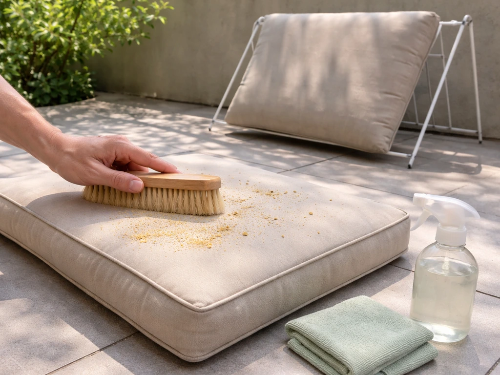 Outdoor cushion being brushed clean on a patio, with cleaning cloth and drying rack nearby.