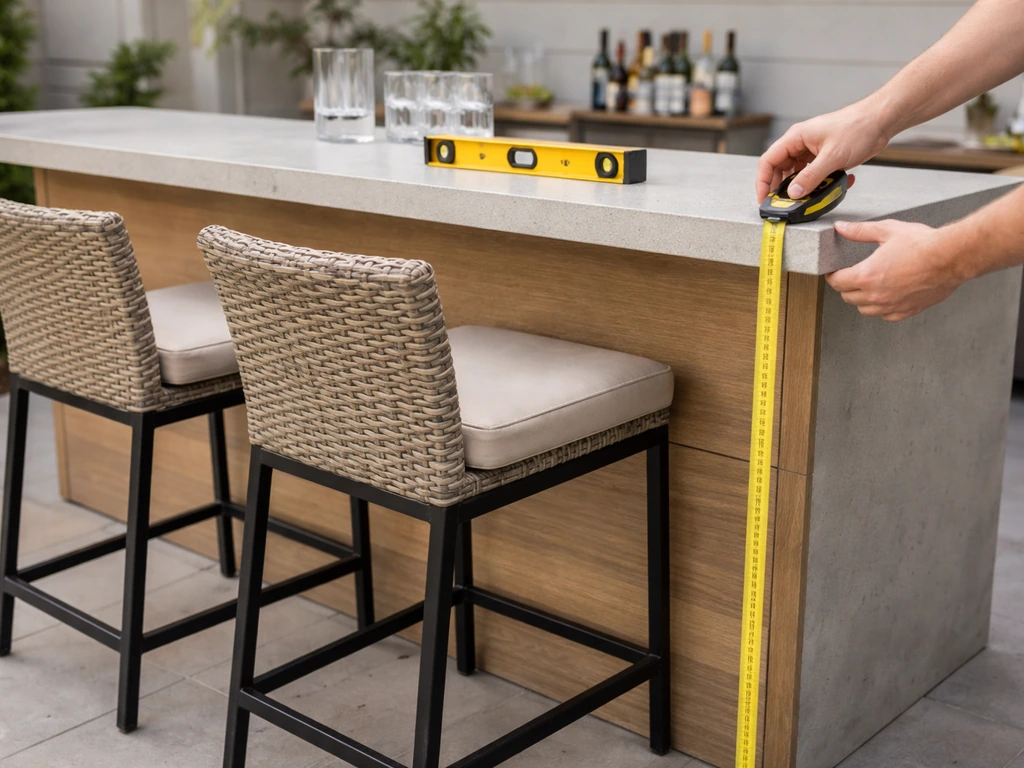 Hands measuring an outdoor bar’s height with a tape measure, stools spaced for clear circulation.