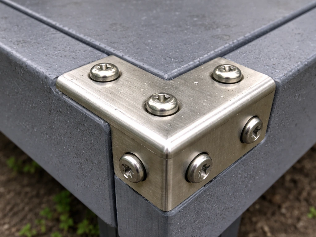 Close-up of weatherproof outdoor materials: stainless steel hardware beside treated HDPE panels with protective sealant.