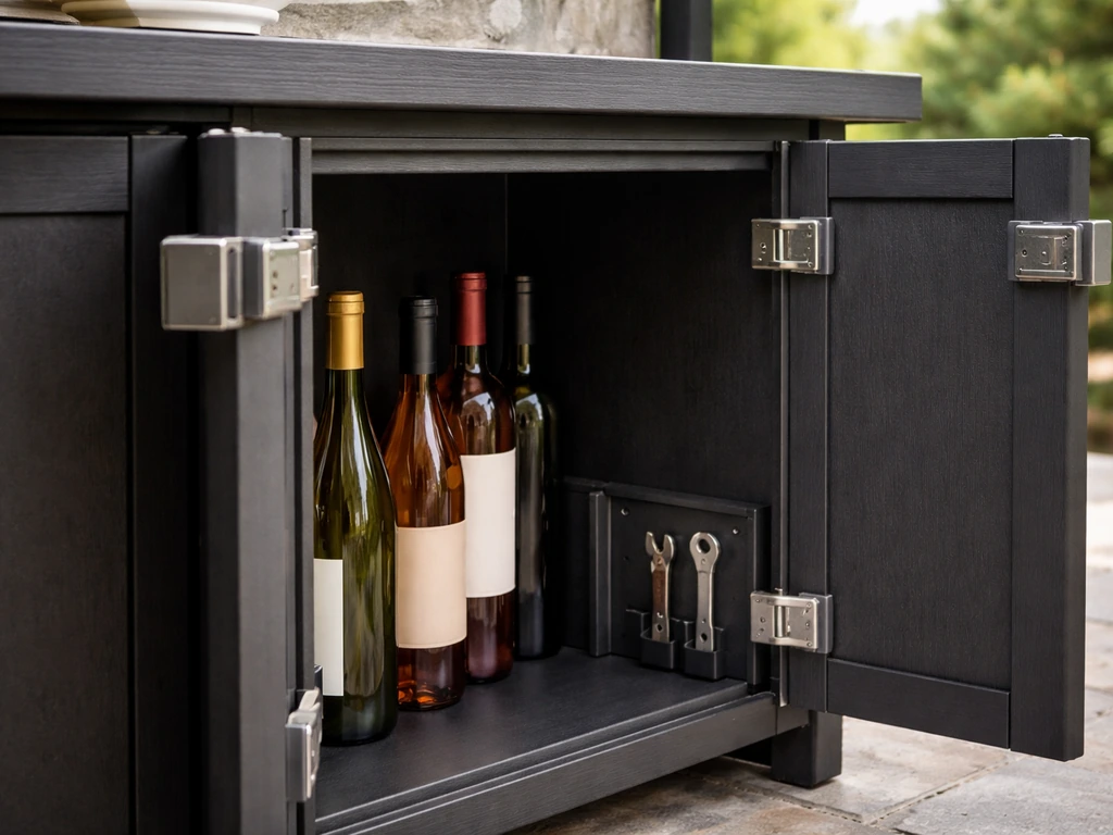 Outdoor bar cabinet with enclosed doors, magnetic/latch closures, and protected bottle/tool storage compartments