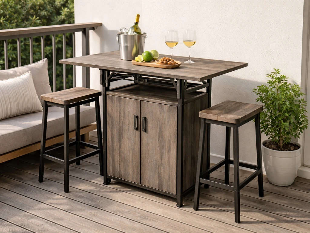 Folding outdoor bar-height table with stored items on a small balcony patio, space-saving setup
