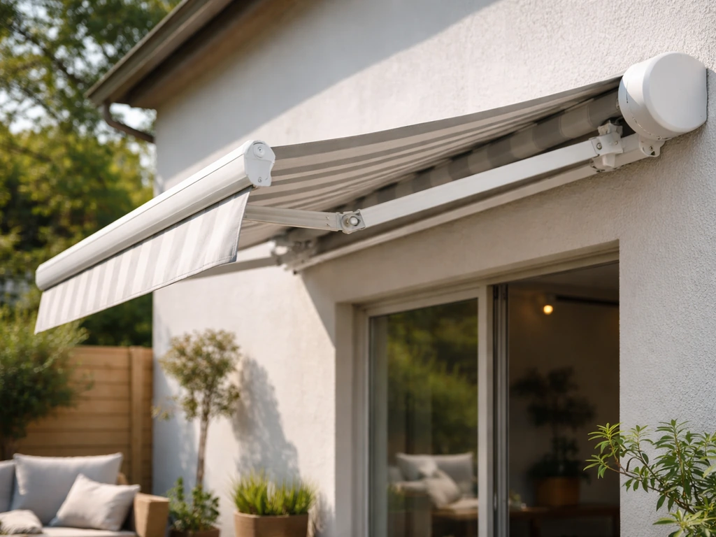 Manual semi-cassette retractable awning extended partially over a patio with rolled fabric and exposed arms