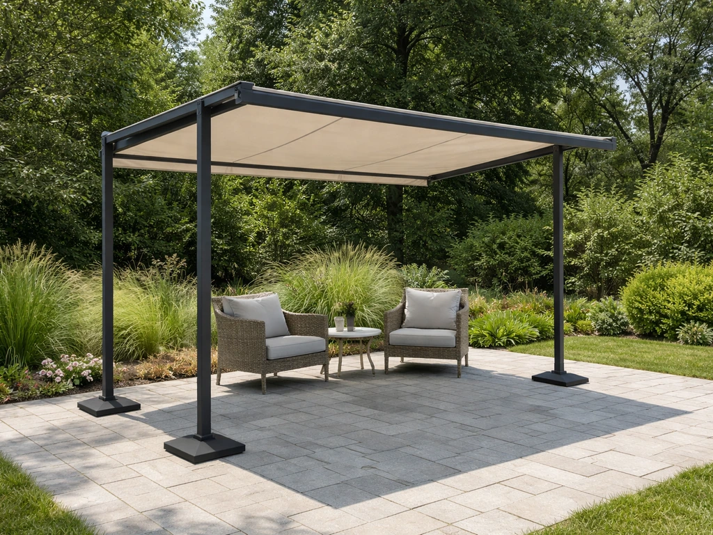 Freestanding retractable awning with sturdy base legs on an outdoor deck, canopy partially extended.