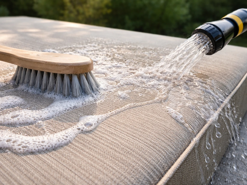 Close-up of cleaning a solution-dyed acrylic fabric with a soft brush and hose rinse outdoors.