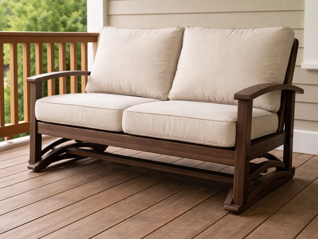 Close view of a two-person glider bench on a covered porch, showing cushions and the gliding frame.