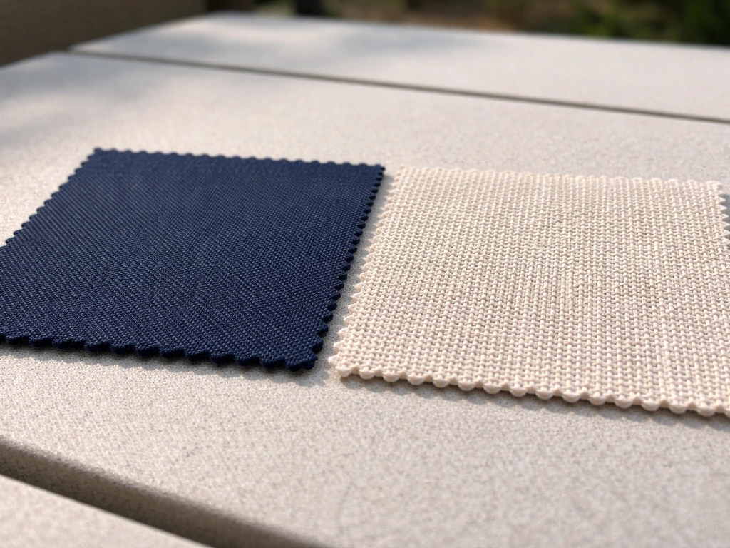 Two close-up fabric swatches side by side showing tighter weave vs looser outdoor cushion texture.