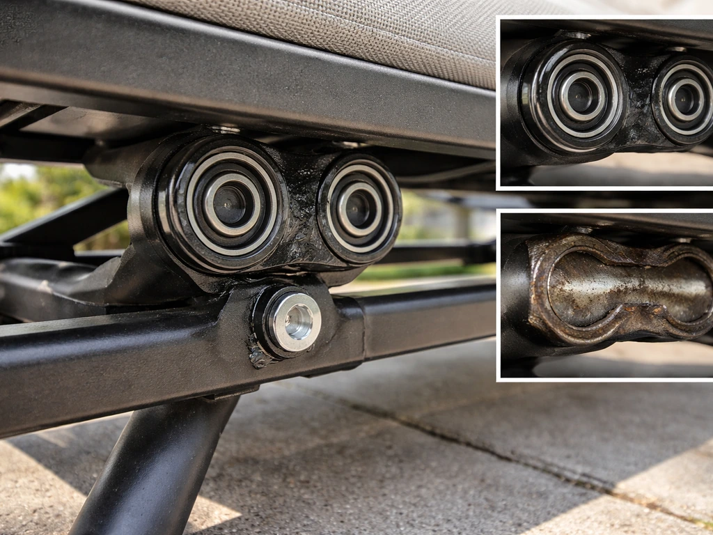 Close-up of a glider’s pivot and sealed bearings under the seat, with one smooth side and one rougher side comparison.