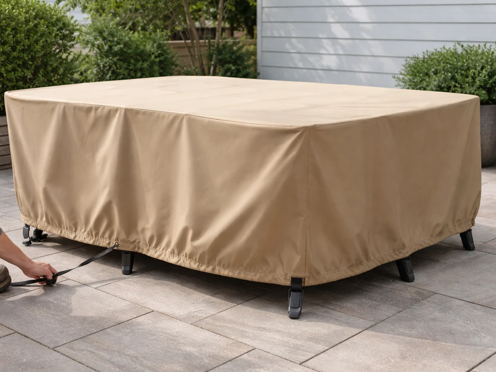 Outdoor patio furniture covered neatly with centered fabric and tightened straps to prevent billowing.
